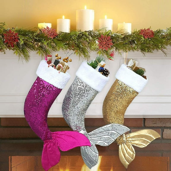 3PCS Christmas Stockings Sequins Mermaid Tail Hanging Bead Fish Stocking Party Holiday Decorations Gift,19Inch