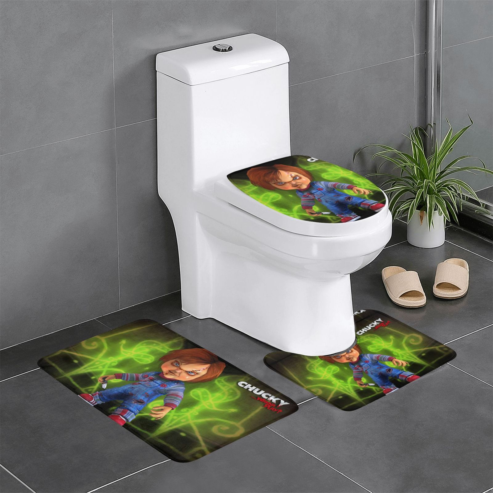 3PCS Chucky Bath Mat Rug Set,Includes UShaped Contour Mat Toilet Seat