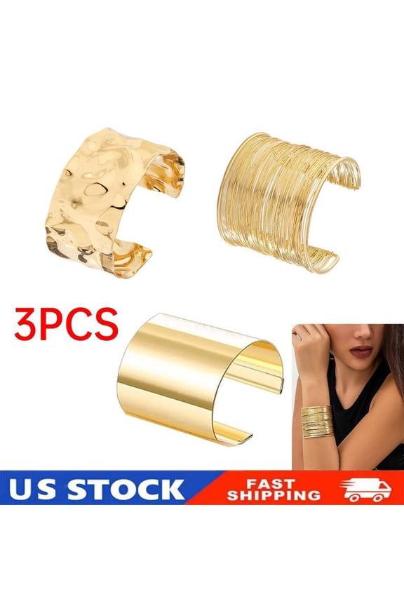3PCS Chunky Golden Cuff Bracelets for Women,Bangle Bracelets,Arm Cuff Upper Punk