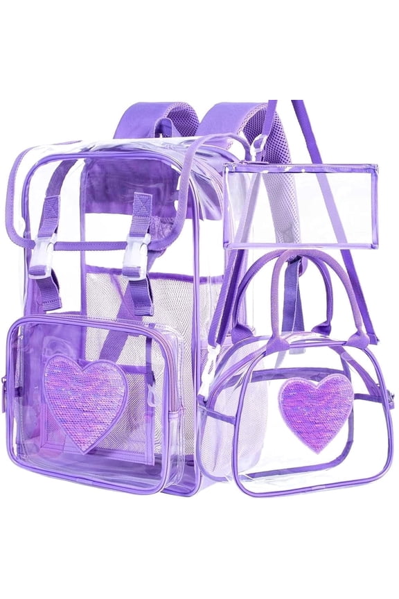 3PCS Clear Backpack Set, Heavy Duty Stadium Approved Transparent Bookbag for Girls Women, See Through Backpack with Purple Sequins