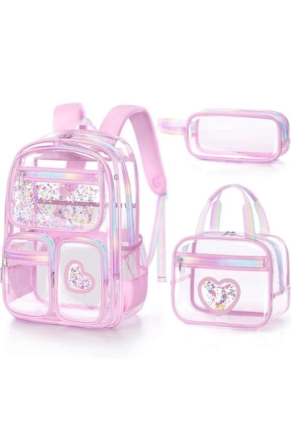 3PCS Clear Backpack with Lunch Box & Pencil Case, Heavy Duty Transparent Bookbag Stadium Approved See Through Backpack Set, Pink