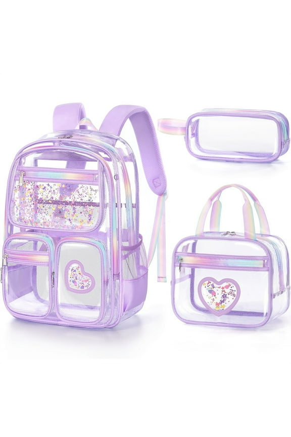 3PCS Clear Backpack with Lunch Box & Pencil Case, Heavy Duty Transparent Bookbag Stadium Approved See Through Backpack Set, Purple