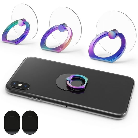 3PCS Clear Base Phone Grips with 360° Rotation & 180° Adjustable Angle, No-Trace Adhesive for Easy Removal, Strong Grip and Smooth Rotation, Includes 2 Hooks & Remover (Iridescent Ring)