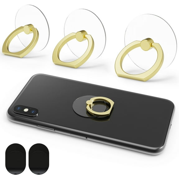 3PCS Clear Base Phone Holders with 360° Rotation & 180° Adjustable Angle, No-Trace Adhesive for Easy Removal, Strong Grip and Smooth Rotation, Includes 2 Hooks & Remover (Gold Ring)