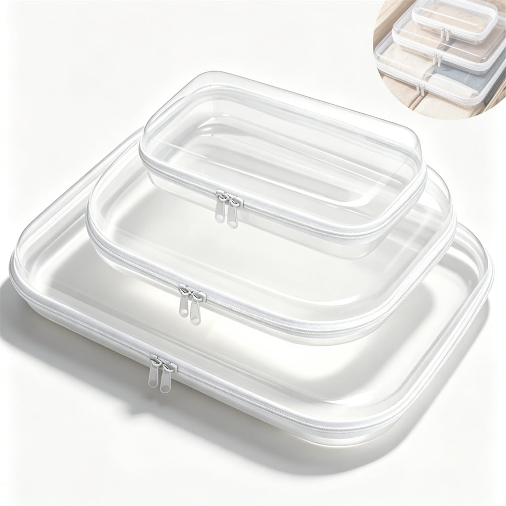 3PCS Clear Zipper Pouches,Hard Zipper Case,Plastic Toiletries Bag,Portable Item Storage Box for Travelling and Holiday