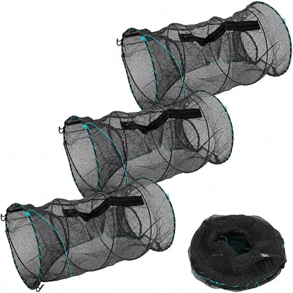 3PCS Collapsible Fishing Bait Traps with Zipper, 11.8" x 21.6" Crawdad Trap Net, Portable for Crayfish Lobster Shrimp Crabbing