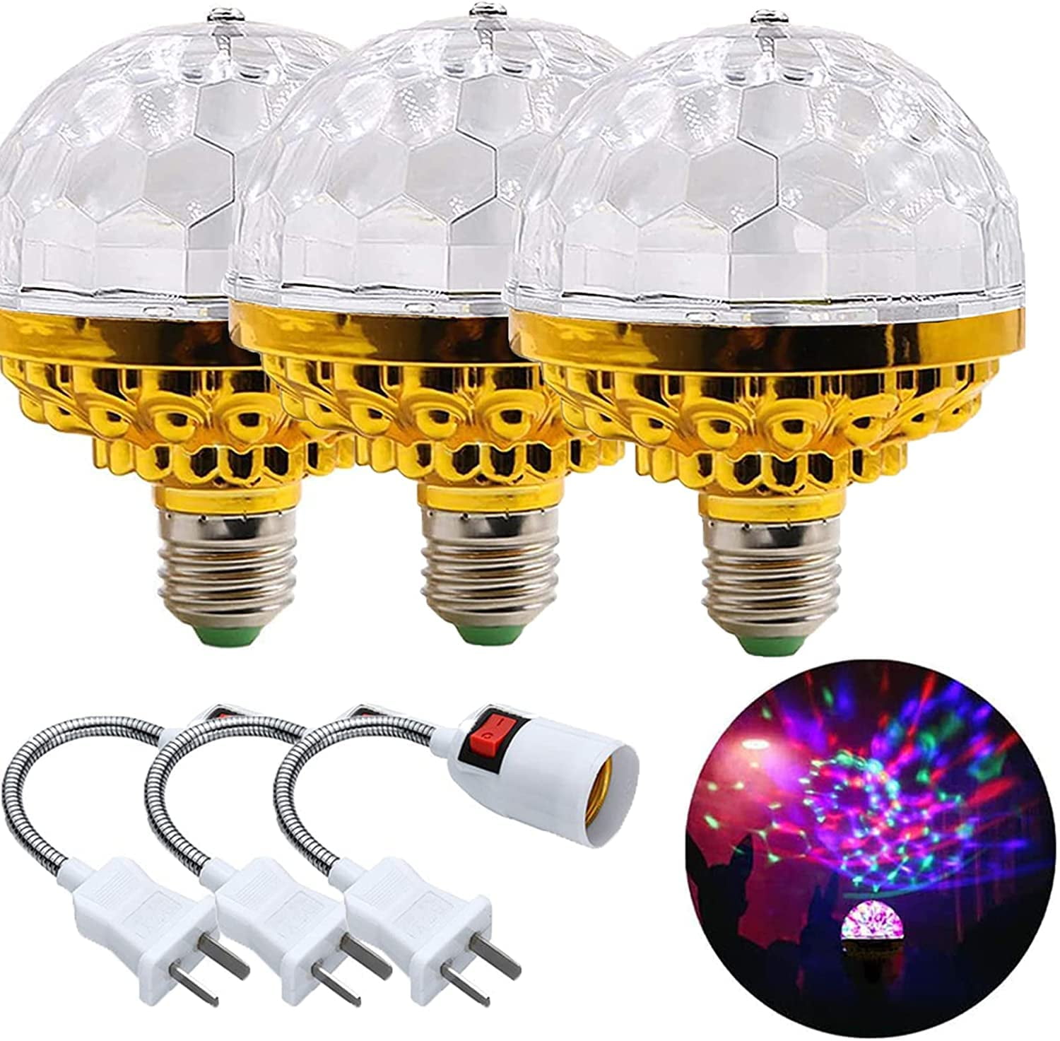 3PCS Colorful Rotating Magic Ball Light,New Disco Ball Light with Sockets LED RGB Strobe Party