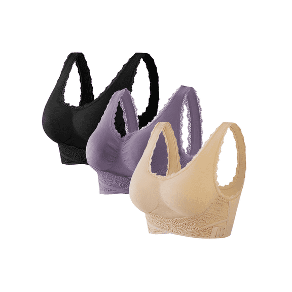 3PCS Comfy Corset Bra with Front Cross Side Buckle Lace for Older Women - Full Coverage Yoga Sports T-Shirt Bra