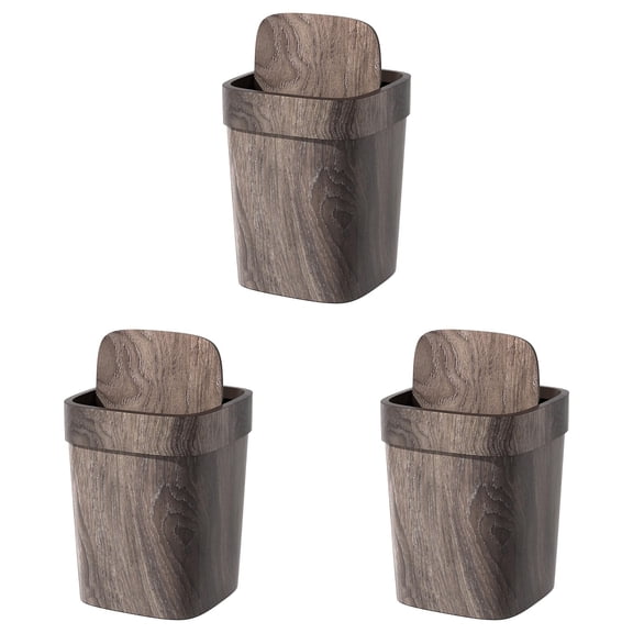 3PCS Compact Brown Wood Grain Swing Lid Can for Bathroom Kitchen Office Easy-Clean Square Garbage Bin with Odor-Trapping Lid Small Rubbish Storage Container and Laundry Basket