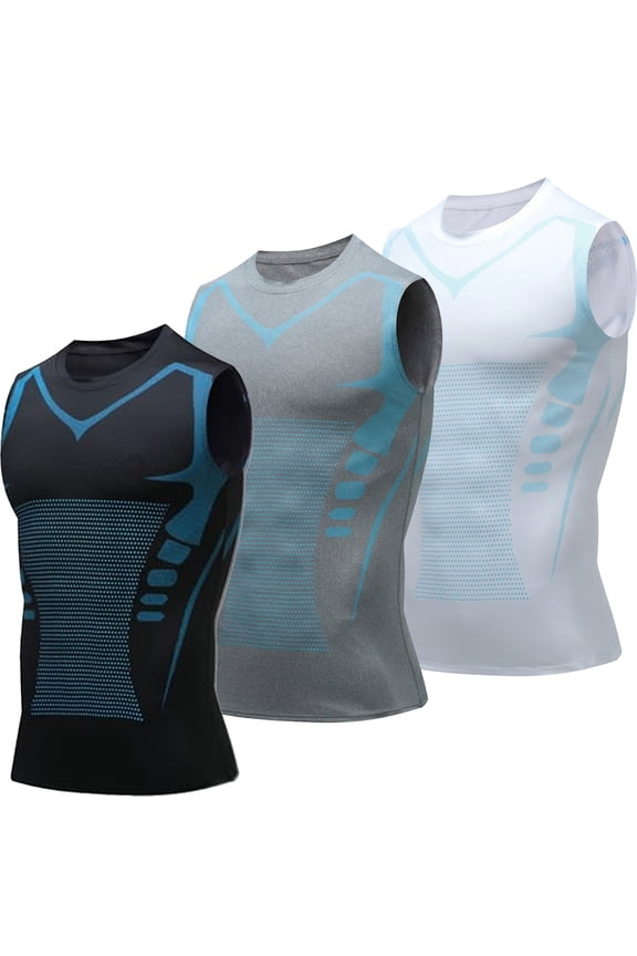 3PCS Compression Shirt Men Sleeveless Dry Fit Breathable Tank Top Tummy Control Body Shaper Vest for Gym Running Workout Daily Sports,White Gray Black