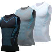 3PCS Compression Shirt Men Sleeveless Dry Fit Breathable Tank Top Tummy Control Body Shaper Vest for Gym Running Workout Daily Sports,White Gray Black