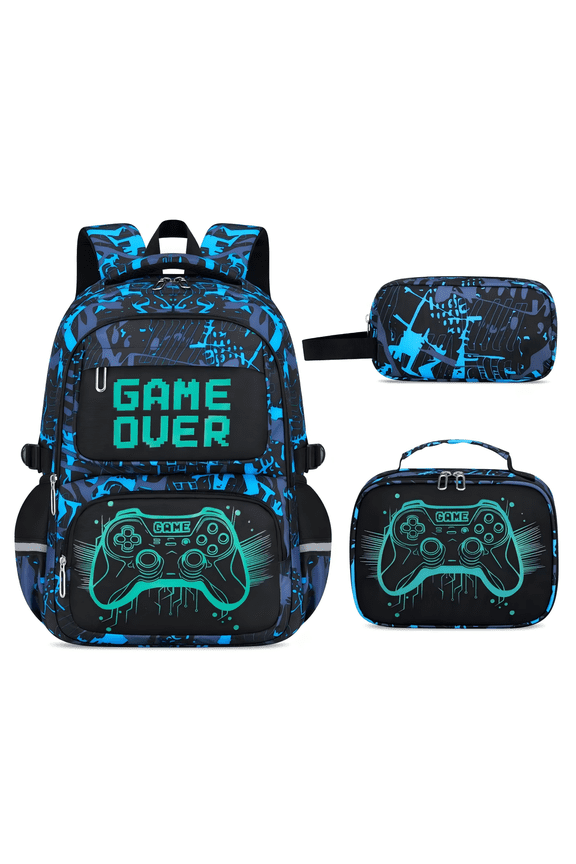 3PCS Cool Luminous Gamer Backpack with Lunch Box Pencil Case, with USB Charging Port