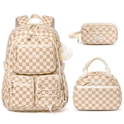 3PCS Corduroy Backpack with Lunch Box & Pencil Pouch, Lightweight Laptop Bag Travel Daypack, Beige Checkerboard