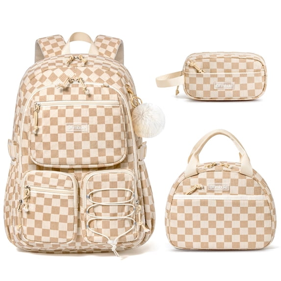 3PCS Corduroy Backpack with Lunch Box & Pencil Pouch, Lightweight Laptop Bag Travel Daypack, Beige Checkerboard
