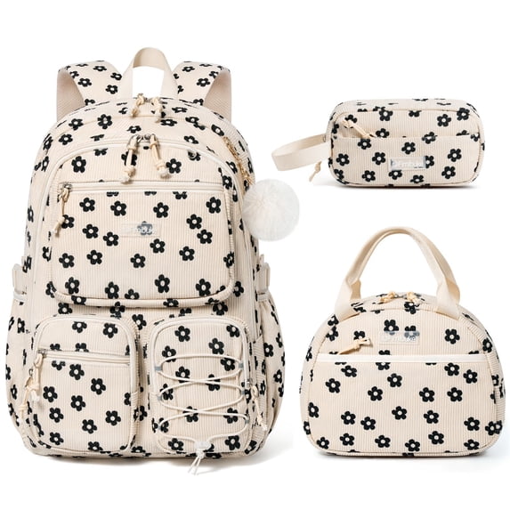 3PCS Corduroy Backpack with Lunch Box & Pencil Pouch, Lightweight Laptop Bag Travel Daypack, Black Floral