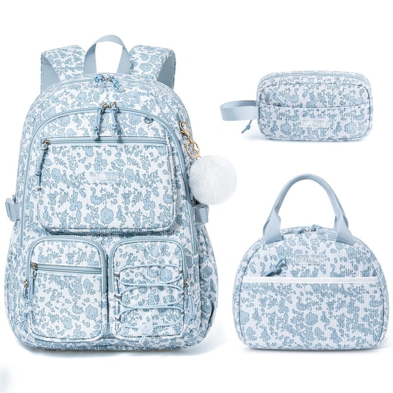 3PCS Corduroy Backpack with Lunch Box & Pencil Pouch, Lightweight Laptop Bag Travel Daypack, Blue Floral