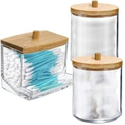 3PCS Cotton Swab/Ball/Pad Holder, Apothecary Jar with Wood Lids, Bathroom Container Dispenser for Storage