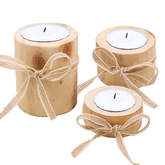 3PCS Creative Wooden Candlestick Succulent Plant Pot Tray Candle Holder Table Desktop Decoration Rustic Wedding Holiday Decor(Without candles)