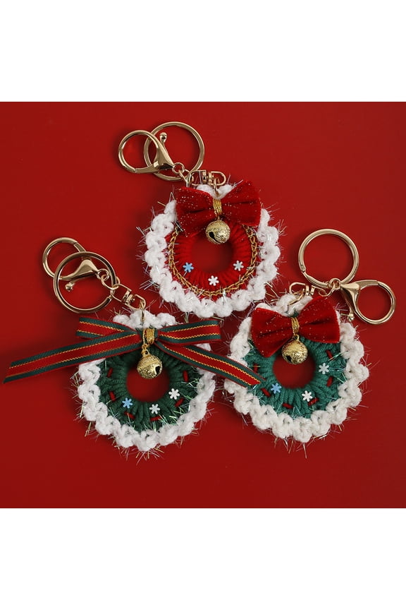 3PCS Crochet Christmas Wreath Keychains Handmade Knitted Christmas Tree Pendant Handbag Purse Charm Cute Key Chain for Car Keys Gift