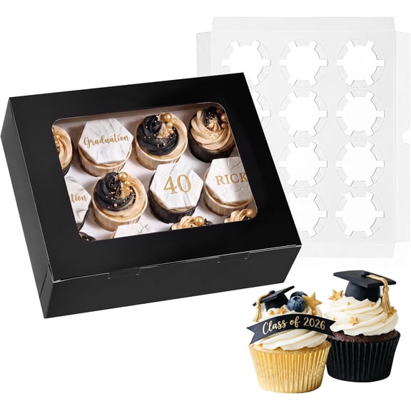3PCS Cupcake Boxes with Window,Hold 12 Count Cupcake Containers for Birthday,Graduation, Party Decorations(Black)