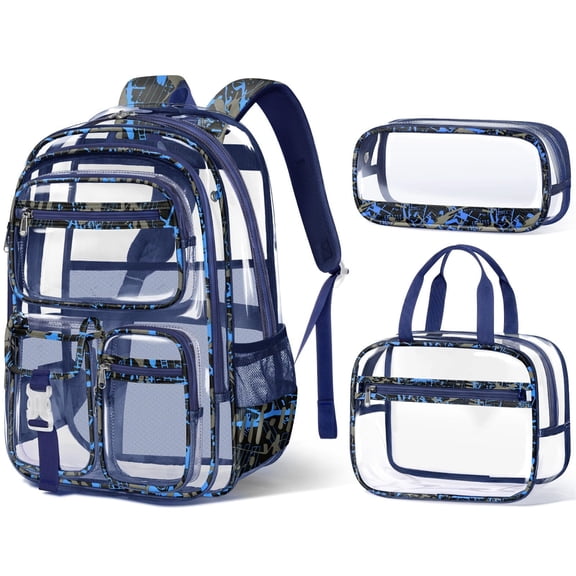 3PCS Cute Clear Backpack Set with Lunch Box & Pencil Case, Heavy Duty PVC Transparent Stadium Event Approved Bookbag, Blue Camouflage