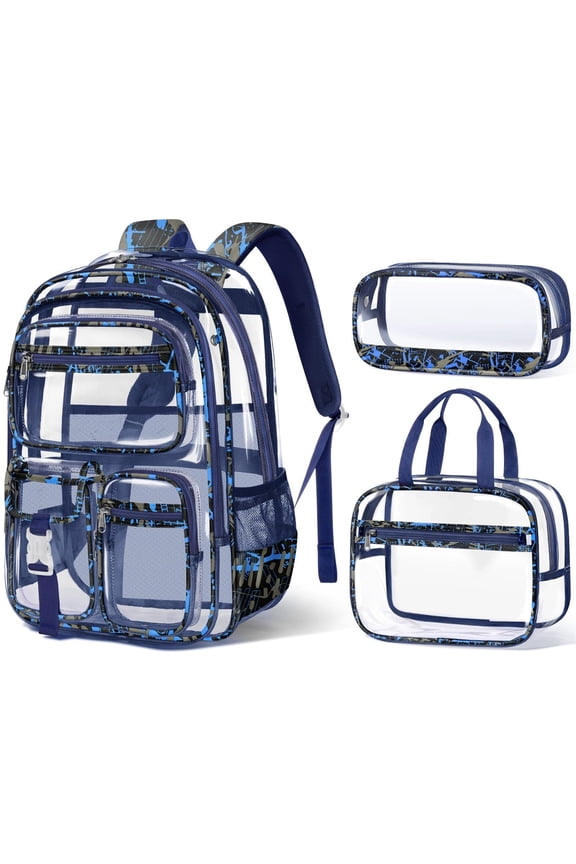3PCS Cute Clear Backpack Set with Lunch Box & Pencil Case, Heavy Duty PVC Transparent Stadium Event Approved Bookbag, Blue Camouflage
