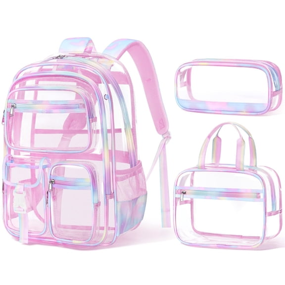 3PCS Cute Clear Backpack Set with Lunch Box & Pencil Case, Heavy Duty PVC Transparent Stadium Event Approved Bookbag, Pastel Pink