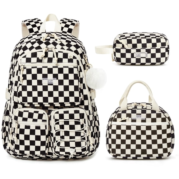 3PCS Cute Corduroy Backpack Set with Lunch Box & Pencil Pouch for Travel Daypacks, Black Checkered