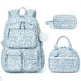 thumbnail image 1 of 3PCS Cute Corduroy Backpack Set with Lunch Box & Pencil Pouch for Travel Daypacks, Blue Floral, 1 of 7