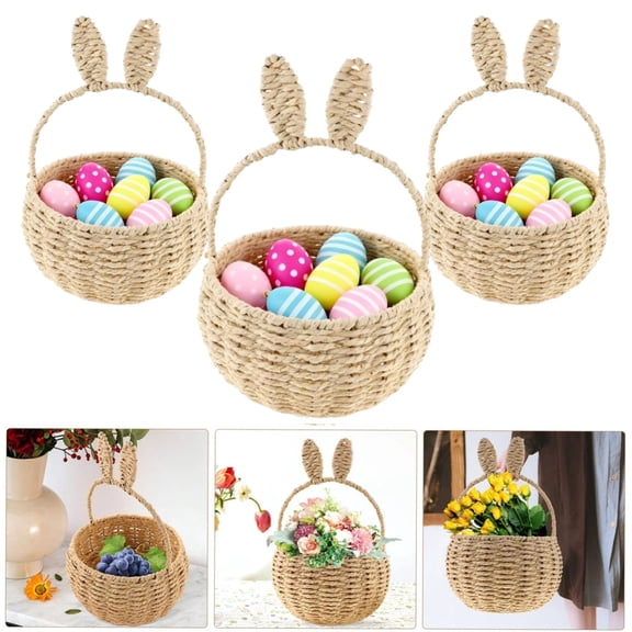 3PCS Cute Easter Basket, 7in Easter Bunny Basket, Wove Egg Easter Baskets for Girls, Boys, Easter Bunny Shape Hand Woven Basket
