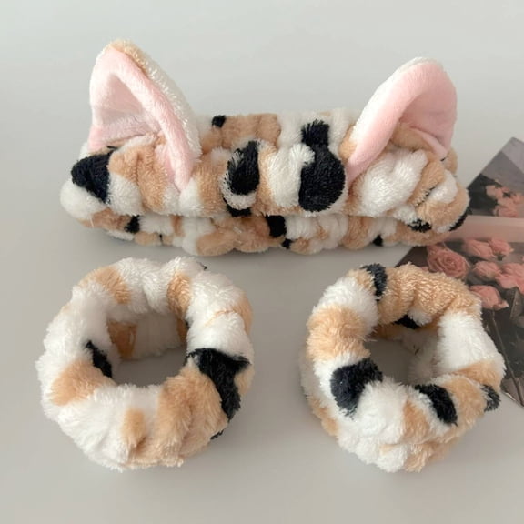 3PCS Cute Spa Headband and Wristband Set for Women Kawaii Cat Ear Makeup Headband for Washing Face