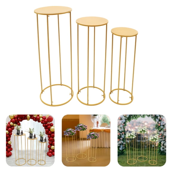 3PCS Cylinder Pedestal Stands, Gold Metal Plant Round Cylinder Stand Display, Columns Pedestal Table Display Set for Parties Birthday Backdrop