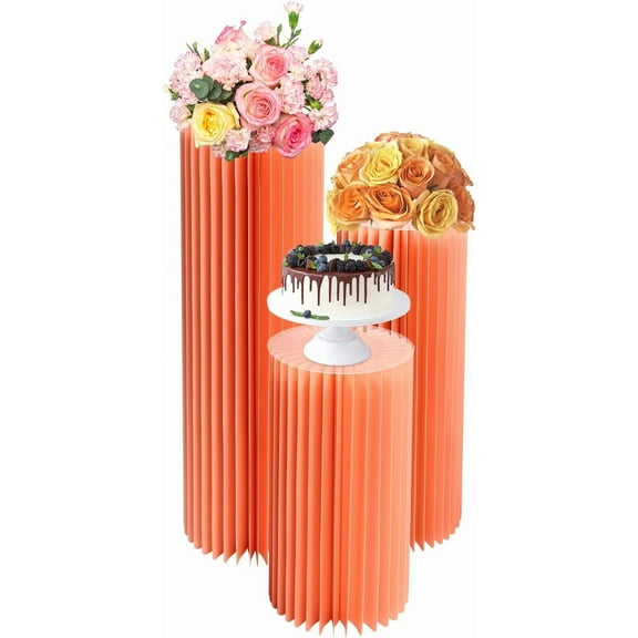 3PCS Cylinder Pedestal Stands, Round Cylinder Stands,Centerpieces Cardboard Vases, Foldable Cardboard Display, Paper Columns Pedestal Stand for Wedding Birthday Party Backdrop Decorations (Light