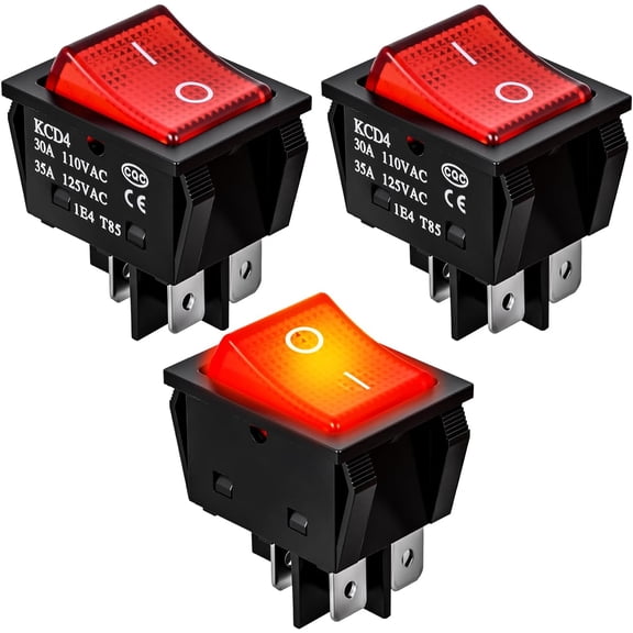 3PCS DPST Rocker Switches 12V 30A/110V 35A/125VAC Red Lighted 4 Pin 2 Position ON Off Toggle Switch KCD4 for Car Automotive Truck Boat Marine Off-Road Vehicle