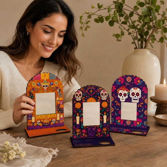 3PCS Day of the Dead Frames, Dia De Los Muertos Picture Frame Wooden Altar Decor, 2D Printed Tabletop Photo Holders for Loved Ones Family Remembrance Mexican Festival Home Display