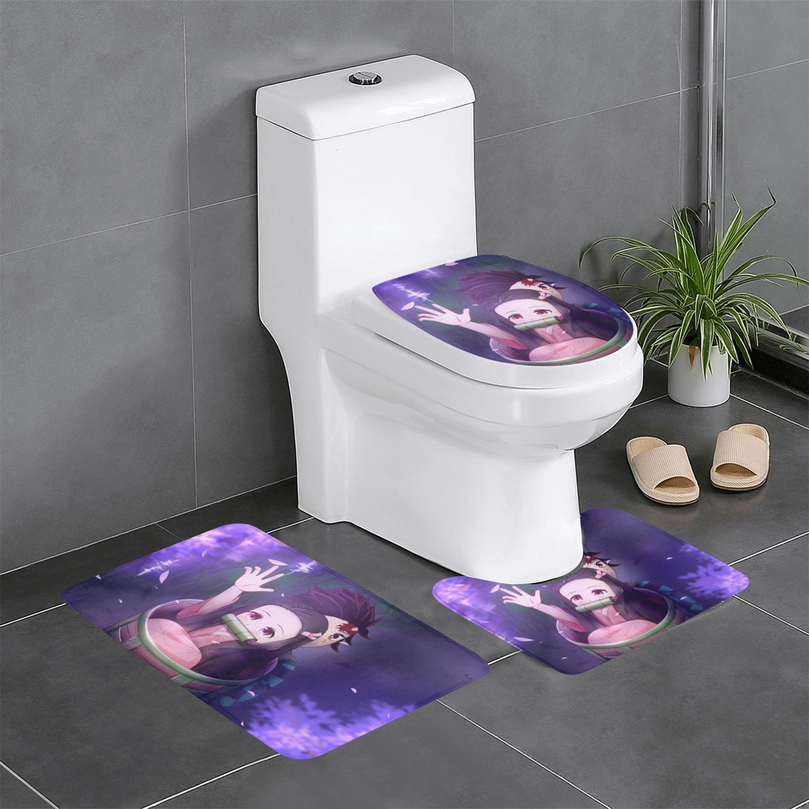3PCS Demon Slayer Bath Mat Rug Set,Includes UShaped Contour Mat Toilet