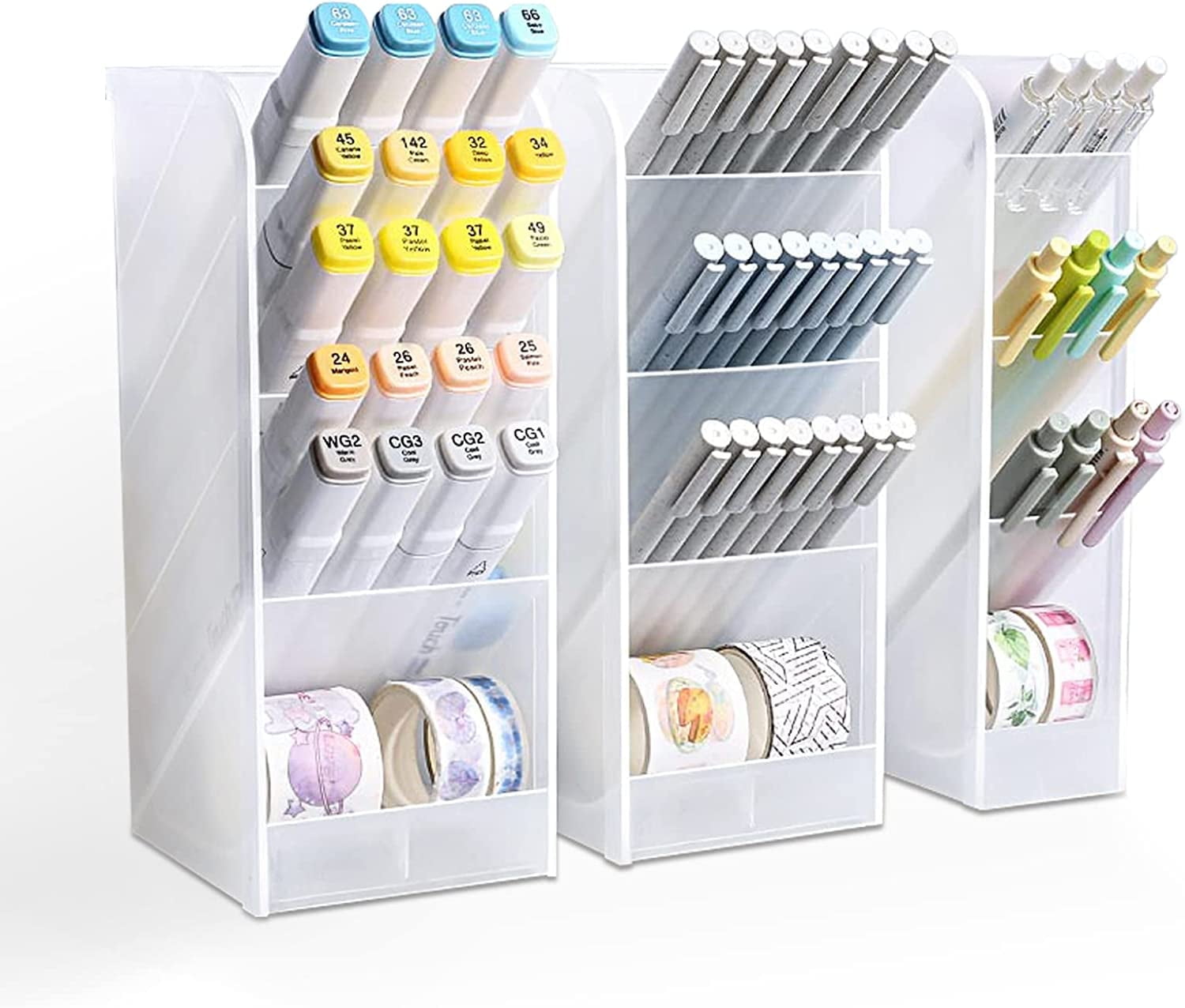 3PCS Desk Pen Organizer, RETON Stationary Organizer Storage, Translucent White Pen Holder, Makeup Brush Holder Set of 2 Large and 1 Small for Office Home Supplies