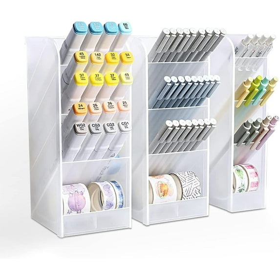 3PCS Desk Pen Organizer, RETON Stationary Organizer Storage, Translucent White Pen Holder, Makeup Brush Holder Set of 2 Large and 1 Small for Office Home Supplies