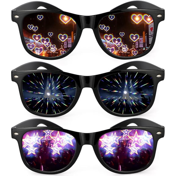 3PCS Diffraction Glasses, Prism Rainbow Heart Star Effect Light Refraction Rave Glasses for Bar Concert EDM Party