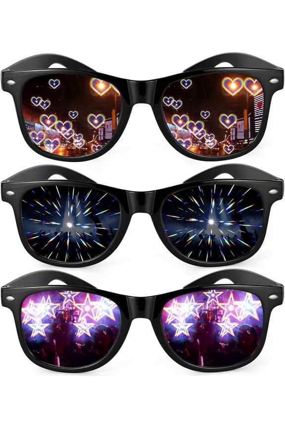 3PCS Diffraction Glasses, Prism Rainbow Heart Star Effect Light Refraction Rave Glasses for Bar Concert EDM Party