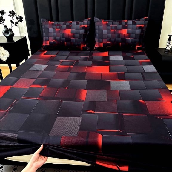 3PCS Cool Technology Digital Printing Material Plaid Fitted Sheet(1pc Bed Sheet+2pcs Pillowcase No Filling)Deep Pocket In 15 Inch At Home Dormitory(Red,Twin)