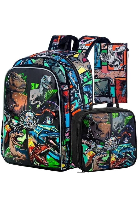 3PCS Dinosaur Backpack Set for Boys, 16 Inch Water Resistant School Backpack with Lunch Box, Cool Kindergarten Preschool Bookbag