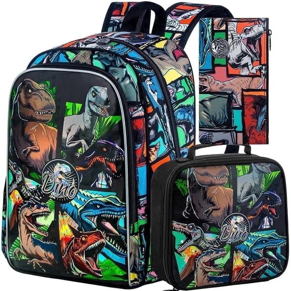 3PCS Dinosaur Backpack Set for Boys, 16 Inch Water Resistant School Backpack with Lunch Box, Cool Kindergarten Preschool Bookbag