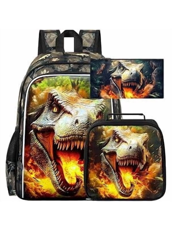 3PCS Dinosaur Backpack for Boys, 16" Kids Dino Bookbag with Lunch Box, Water Resistant Elementary Preschool Toddler School Bag - Fire-Breathing T-Rex