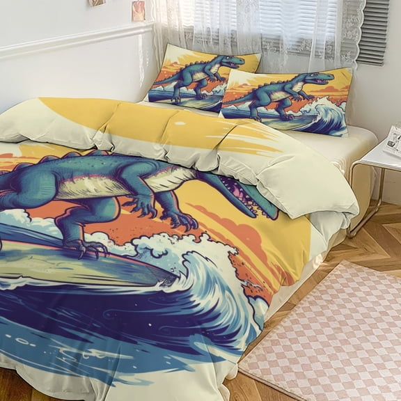3PCS Dinosaurs Surfing Duvet Cover Set Twin, 1 Duvet Cover And 2 Pillowcase, Duvet Cover for Kids Girls Boys And Teens