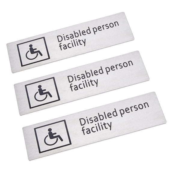 3PCS Disabled Sign Wheelchair Signs Handicapped Identification Symbol Wall Door Signage Decor Stainless Steel Set Self Adhesive Back (Silver)