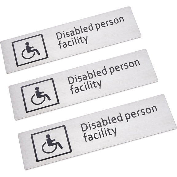 3PCS Disabled Sign Wheelchair Signs Handicapped Identification Symbol Wall Door Signage Decor Stainless Steel Set Self Adhesive Back