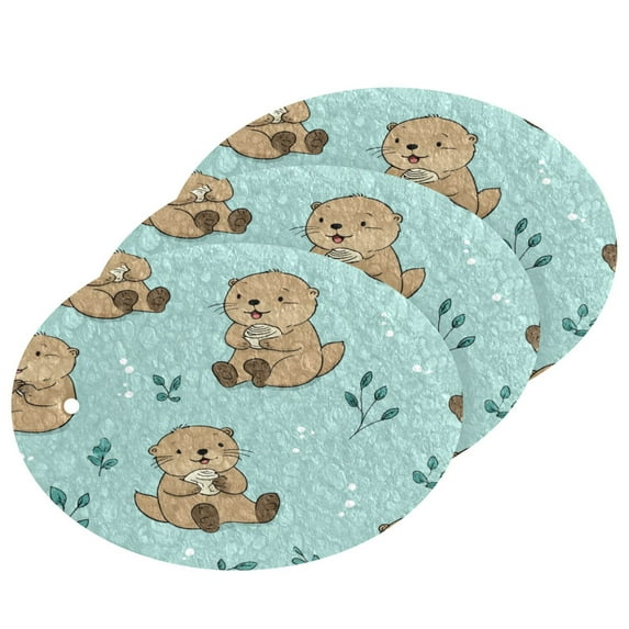 3PCS Dish Cleaning Sponge Scrubs Dish Pad for Wash Dish for Non-Stick & Delicate Cookware Cute Otter Pattern