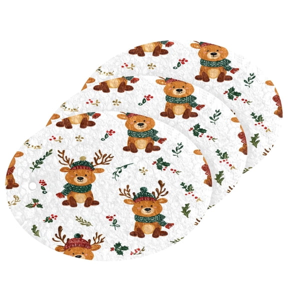 3PCS Dish Cleaning Sponge Scrubs Dish Pad for Wash Dish for Non-Stick & Delicate Cookware Reindeer with Scarf Pattern