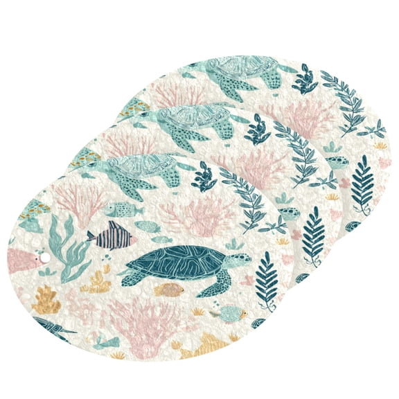 3PCS Dish Cleaning Sponge Scrubs Dish Pad for Wash Dish for Non-Stick & Delicate Cookware Turtles and Sea Plants Pattern